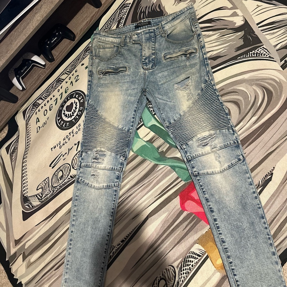 Balmain Faded Blue Straight Jeans with Ribbed Accents